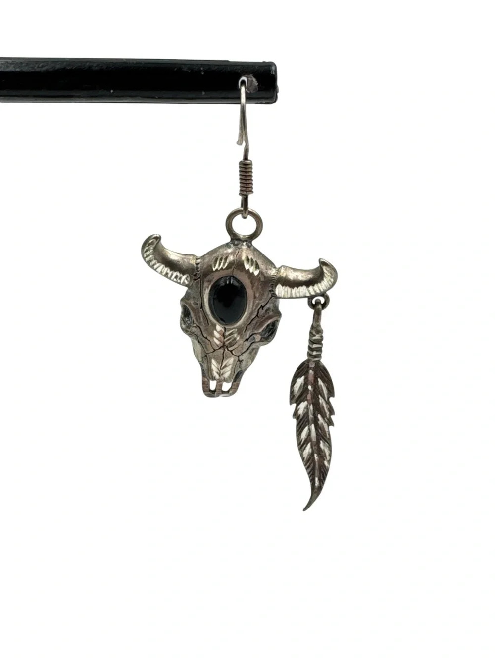 Vintage Sterling Silver Bull Skull Black Onyx Feather Dangle Earrings 11.1 Grams